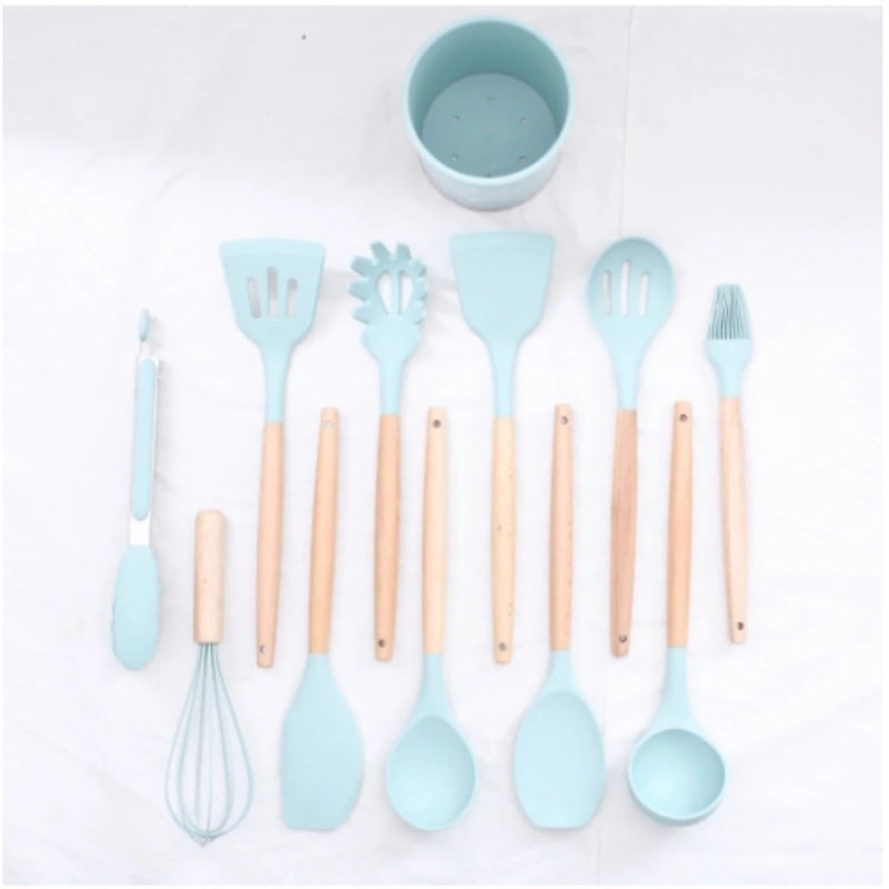 Kit de Utensílios de Cozinha em Silicone com Cabo de Madeira