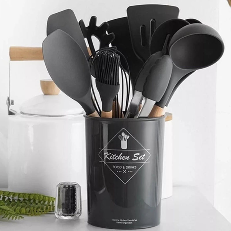 Kit de Utensílios de Cozinha em Silicone com Cabo de Madeira