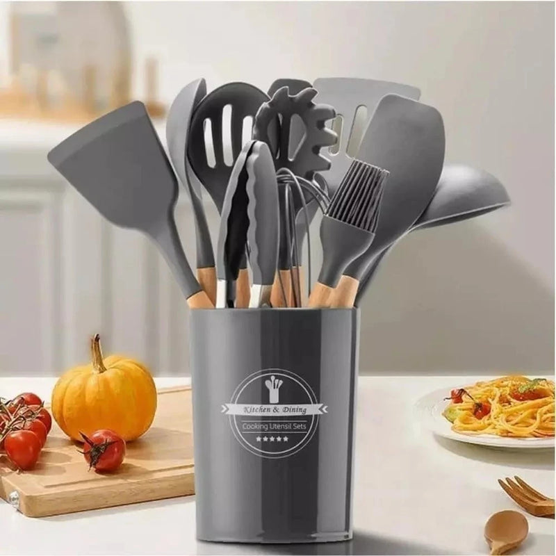 Kit de Utensílios de Cozinha em Silicone com Cabo de Madeira