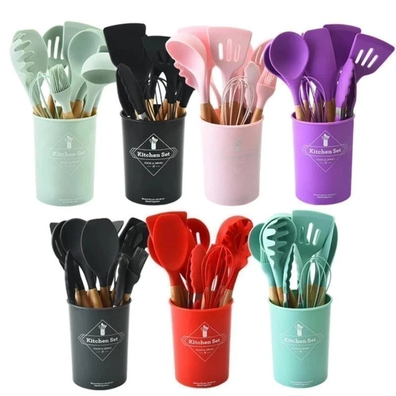 Kit de Utensílios de Cozinha em Silicone com Cabo de Madeira