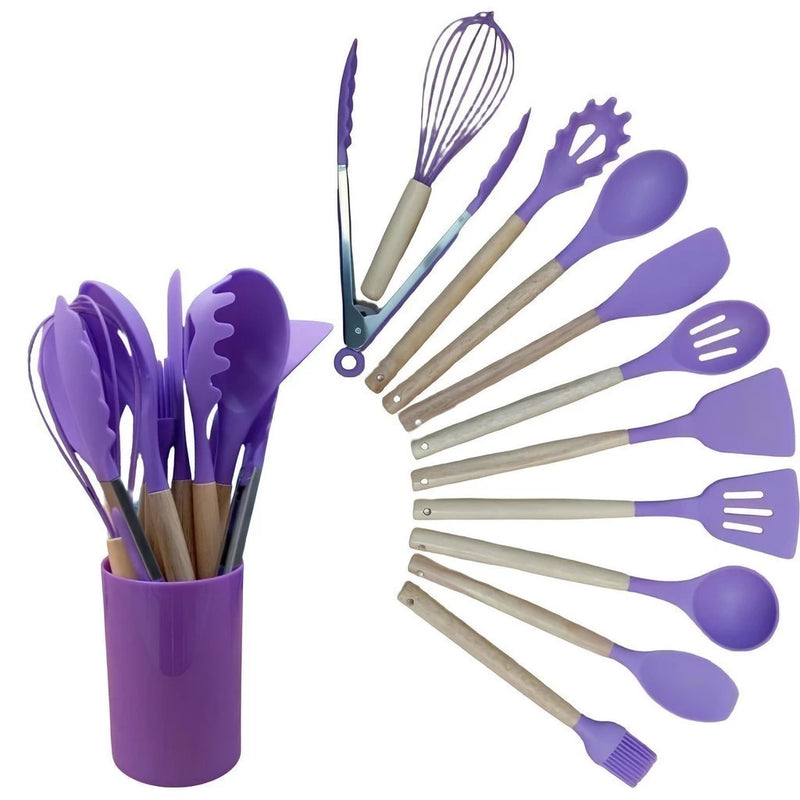 Kit de Utensílios de Cozinha em Silicone com Cabo de Madeira