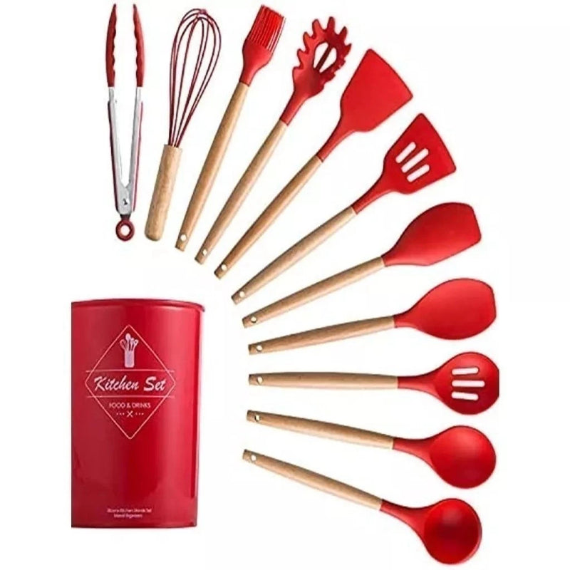 Kit de Utensílios de Cozinha em Silicone com Cabo de Madeira