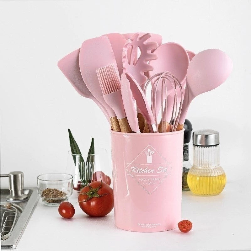 Kit de Utensílios de Cozinha em Silicone com Cabo de Madeira