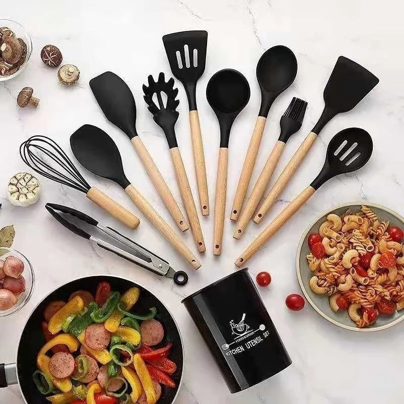 Kit de Utensílios de Cozinha em Silicone com Cabo de Madeira