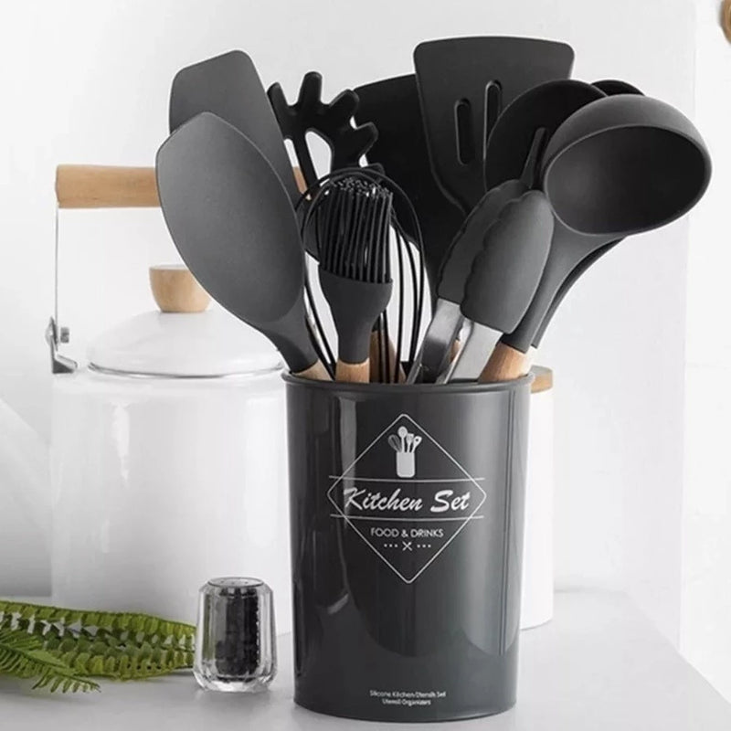 Kit de Utensílios de Cozinha em Silicone com Cabo de Madeira