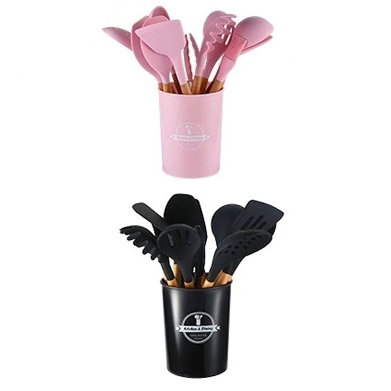 Kit de Utensílios de Cozinha em Silicone com Cabo de Madeira