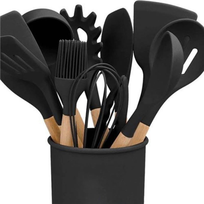 Kit de Utensílios de Cozinha em Silicone com Cabo de Madeira