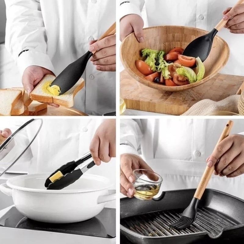 Kit de Utensílios de Cozinha em Silicone com Cabo de Madeira